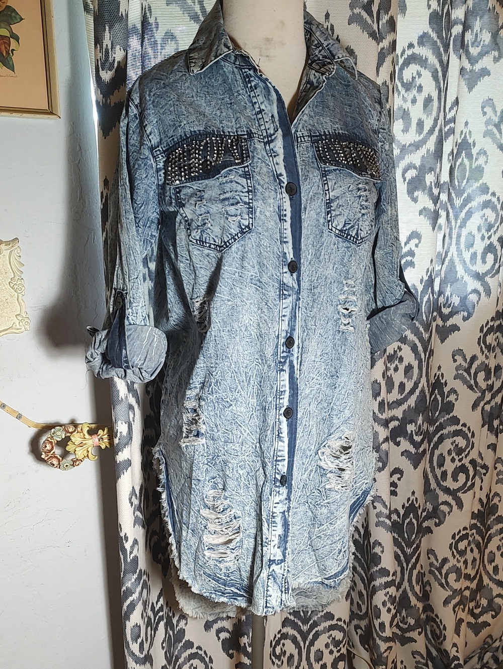 Thrill Denim Jacket/ Shirt in Faded Blue, Distressed.
